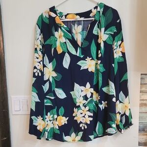 Old Navy Floral V-Neck Blouse - Dark Blue, Green, Yellow